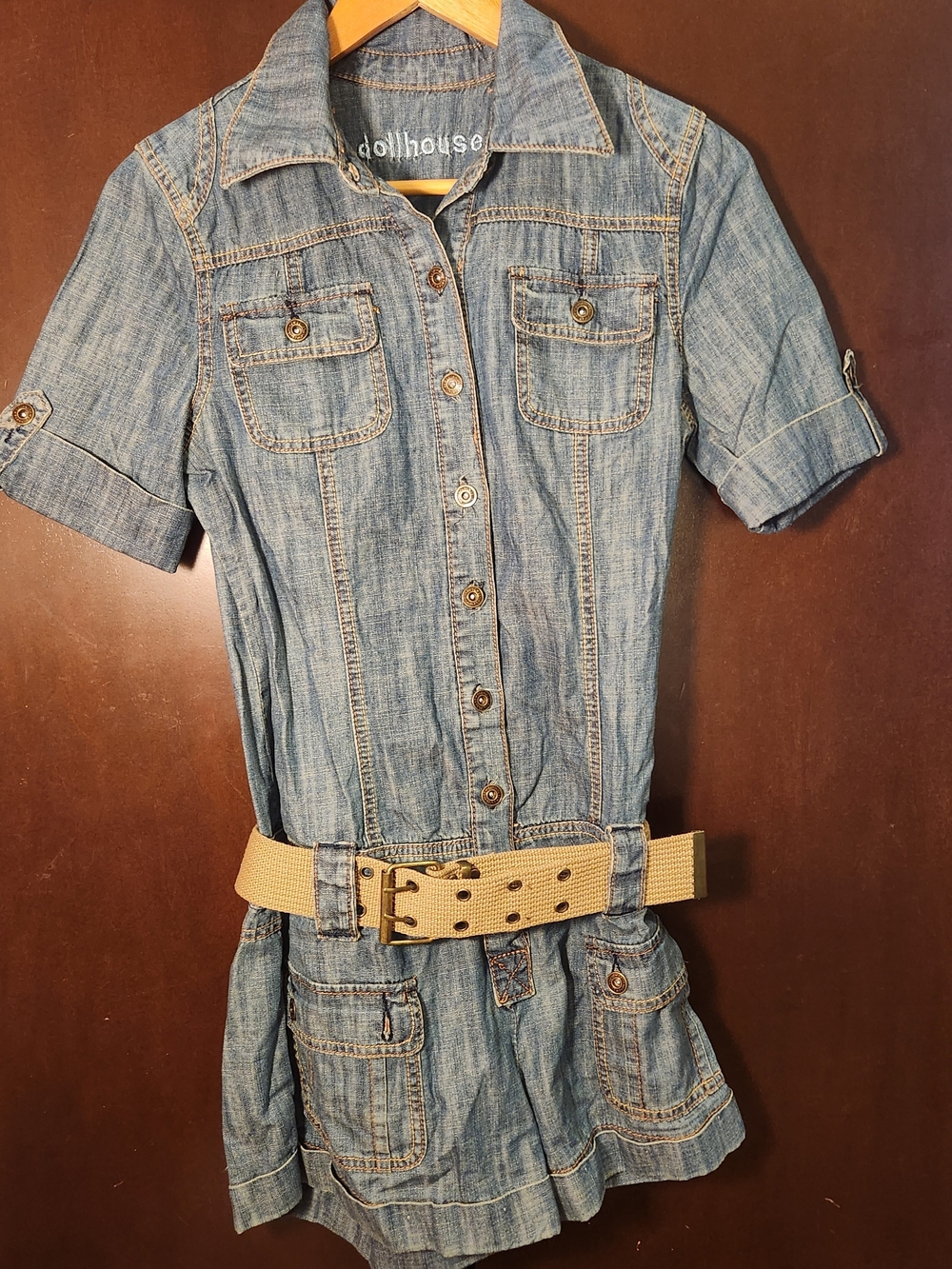 Dollhouse Blue Denim Jumper with Tan Belt Women Size Medium